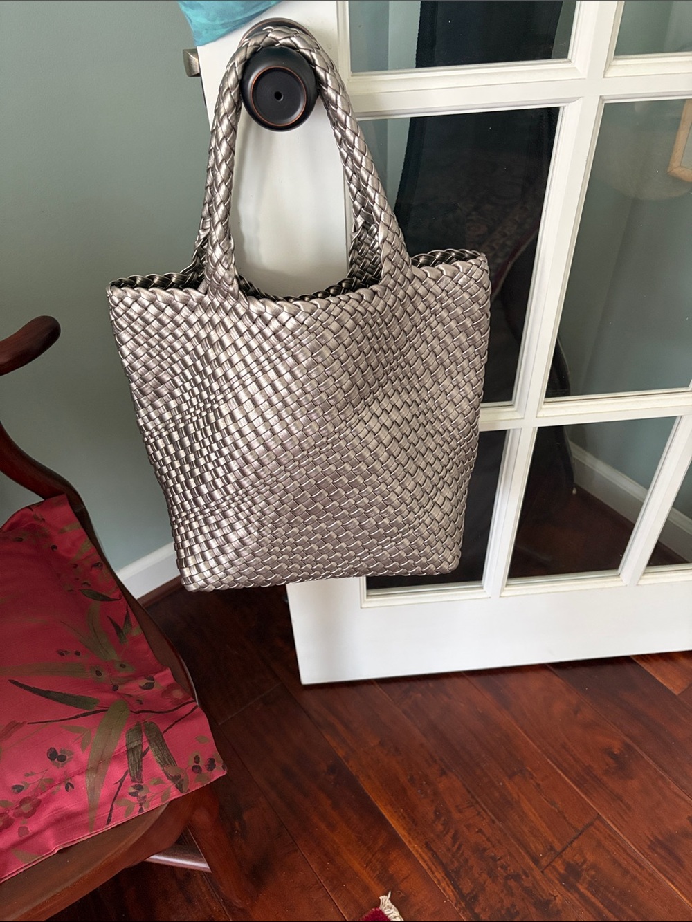 Woven Metallic Tote Bag in Silver